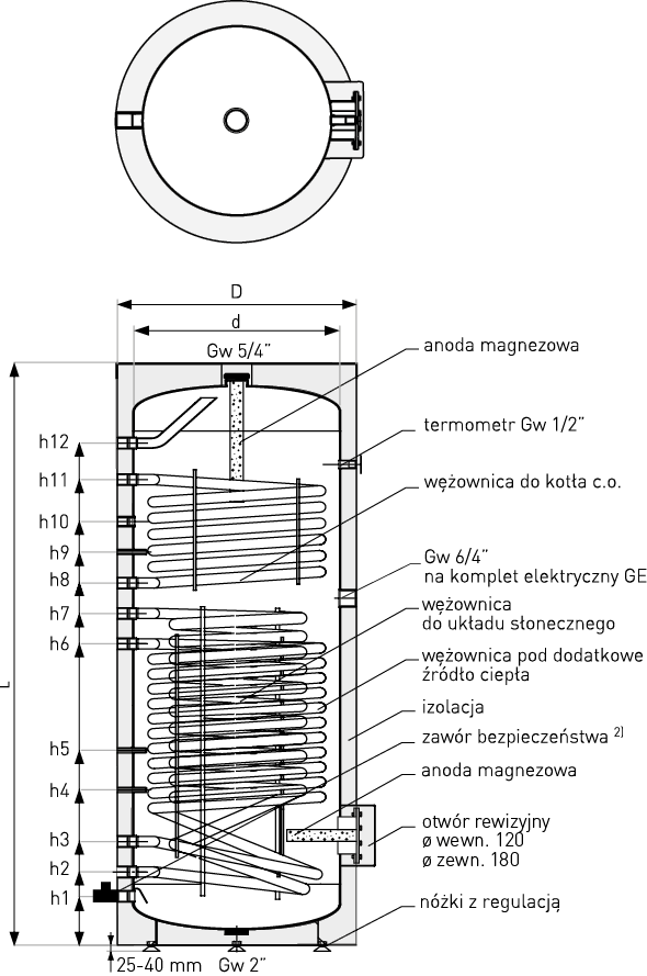 Schemat wymiennika c.w.u. Tower Multi pojemność: 300 - 500 litrów