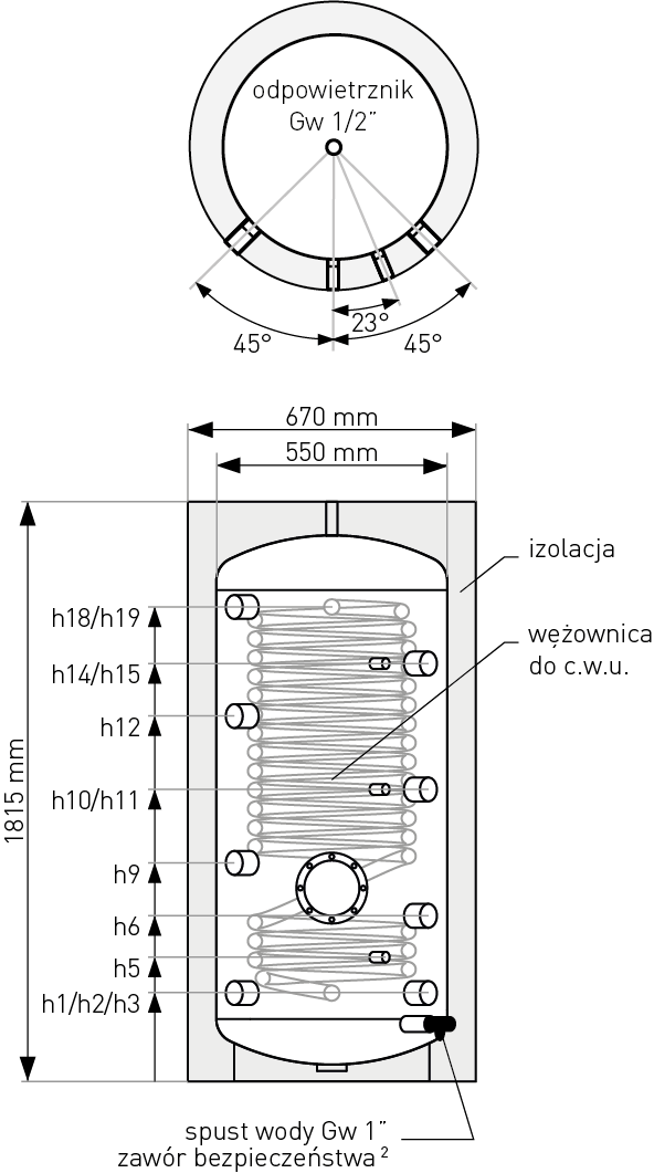 Schemat zbiornika akumulacyjnego - warstwowego MULTI-INOX 350
