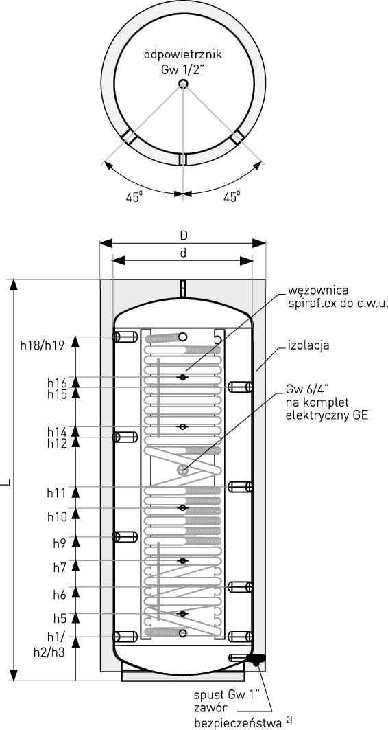Schemat zbiornika akumulacyjnego - warstwowego MULTI-INOX 600-2000